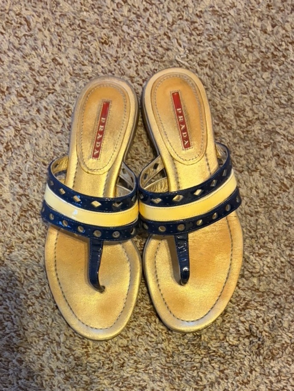 Vintage Prada Navy and Yellow Patent Leather Thong Sandals size 6 1/2